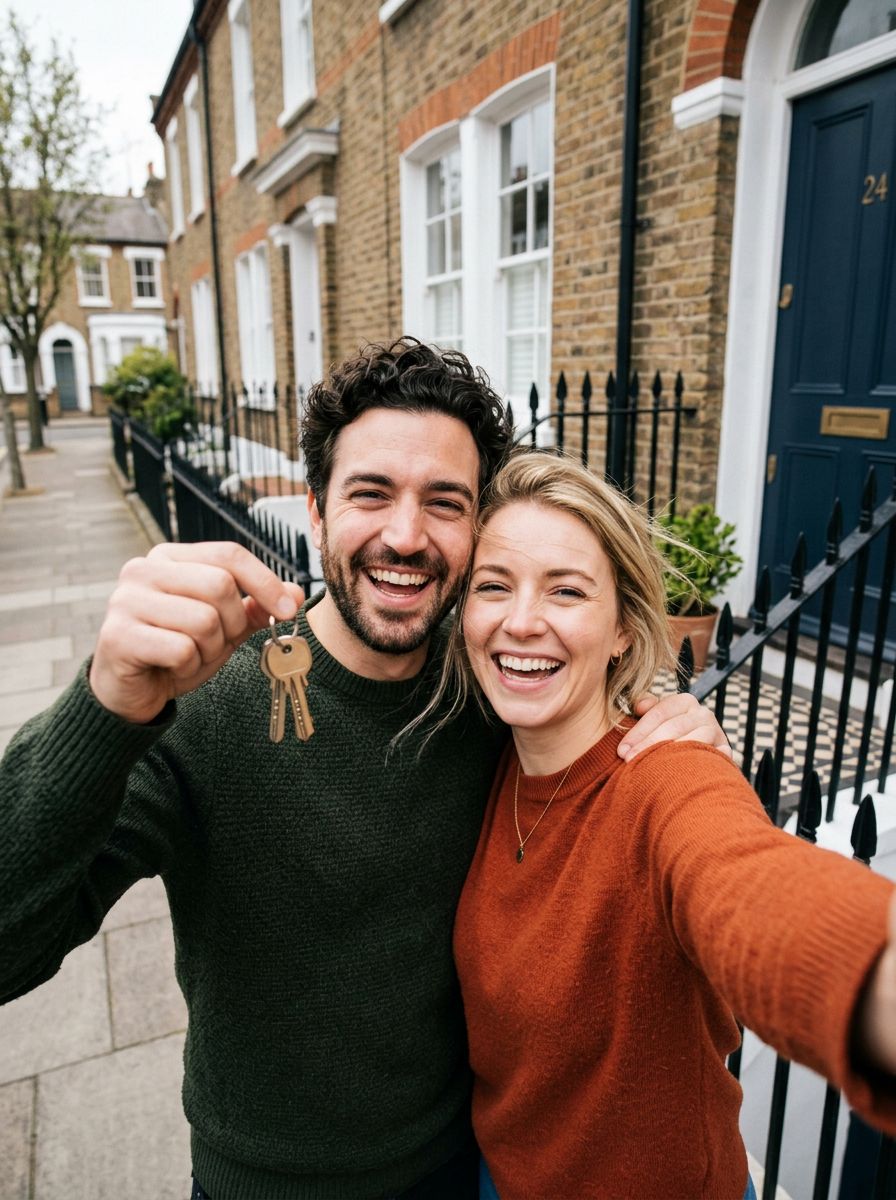 Jack and Sue celebrating outside their new home