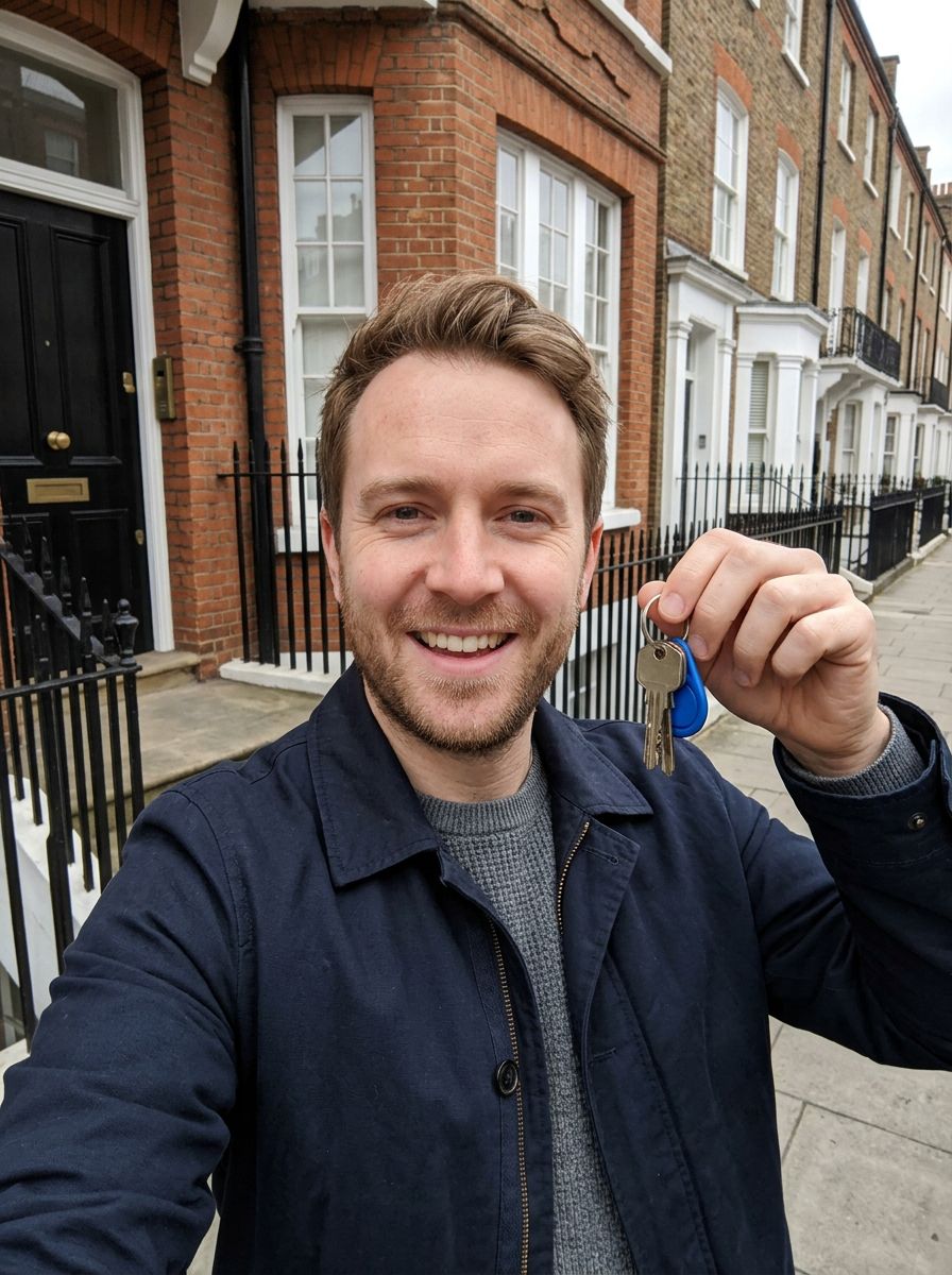 Jarred holding the keys to his new home