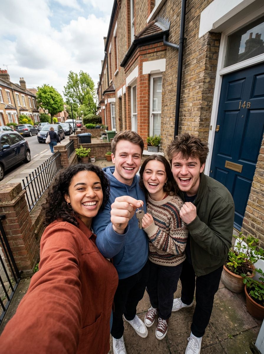Four friends celebrating outside their new home